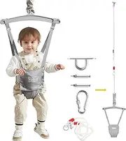 FUNLIO Baby Jumper with a Ceiling Hook for 6-24 Months, Baby Door Jumper for Indoor/Outdoor Play, Infant Jumper Doorway with Adjustable Chain, Easy to Assemble & Store (with a Ceiling Hook)- Grey