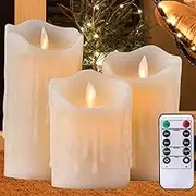 Flickering Flameless Ivory Candles Realistic LED Candles with Remote Control and Timer Battery- Operated Candles. (Dripping Wax Flameless Candles Set of 3)