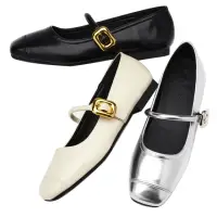 在飛比找momo購物網優惠-【Grace Gift】復古一字方釦輕量平底瑪莉珍鞋