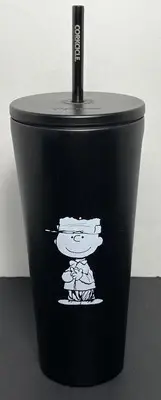 NWT Corkcicle 24oz. Peanuts Charlie Brown Black Insulated Cold Cup W/ Straw