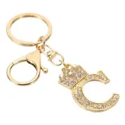 Initial Letter Keychain, Letter C Crown Design Charm with Crystal, Gold Tone