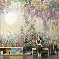 在飛比找Yahoo!奇摩拍賣優惠-Katiya美式手繪花鳥壁紙唯美花卉樹林壁畫客廳電視背景墻壁