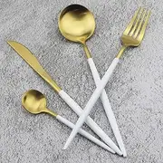 Luxury Cutlery Set Gugrida 24-Piece 18/10 Stainless Steel Satin Finish Flatware Silverware Dinnerware Utensil Set Tableware Include Knife Fork Spoon Teaspoon Service for 6 (White Handle, Gold Matte)