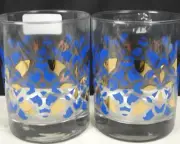 2 CULVER LTD BLUE & GOLD VIVACIOUS DOUBLE OLD FASHIONED 4 1/2" NEW