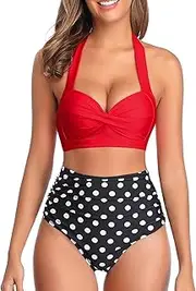 [Tempt Me] Women Two Piece Vintage Swimsuit Retro Halter Ruched High Waist Bikini with Bottom