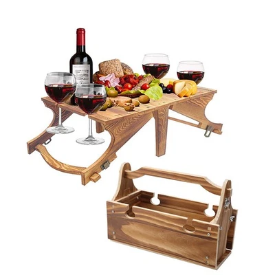 Portable Wine Picnic Table, 2 in 1 Folding Wooden Picnic Basket Table with 4 ...