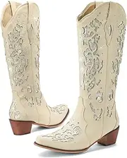 [LingxiaUne] Western Cowboy Boots with Wide Calf Cowgirl Boots Women Sparkly Rhinestone Wedding Boots Trendy Vintag Tall Glitter Boots with Embroidery and Chunky Heel for Daily Wearing|Office|Party