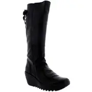 Womens Fly London Yust Knee High Winter Leather Casual Wedge Heel Boots Black UK 6