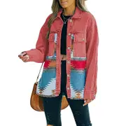 Nevenka Aztec Denim Jacket for Women Distressed Lapel Long Sleeve Coat-RoseRed