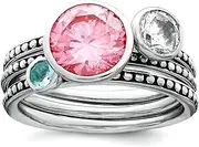 [JewelryWeb] 925 Sterling Silver Textured Polished Solid Back Rhodium Plated With Pink and White CZ Simulated Diamond And Blue Glass Ring Set Band Style-Ring for Women