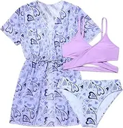 [COOLOYA] Girl's 3 Piece Bikini Set Hear Print Criss Cross Swimwear Bathing Suit Swimsuit with Kimono Cover Up