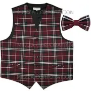 New Vesuvio Napoli Men's plaid checkered Tuxedo Vest Waistcoat_Bowtie Burgundy
