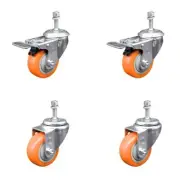 3 Inch 316SS Orange Polyurethane 10mm Threaded Stem Caster Set 2 Lock Brake