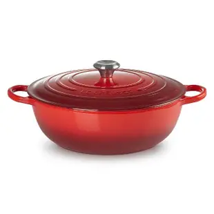 【Le Creuset】典藏琺瑯鑄鐵媽咪鍋32cm+琺瑯醬汁鍋14cm(櫻桃紅/火焰橘)