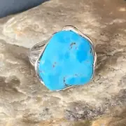 Navajo Adjustable Wire Sterling Silver Blue Kingman Turquoise Ring Size 8 13542