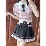 韓系 JK 制服 學院風套裝 撞色假兩件格子襯衫上衣+百褶裙 學院風 學生穿搭 襯衫 制服 校服 班服  小個子兩件套