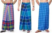 [Generic] 3X Dhoti/Sarong Coverups/Wrap For Men 100% Cotton Indian Traditional Lungi Checked Design Dress Long Sarong Cover Ups For The Beach 3 Handloom Combo Pack Comfortable Color May Vary (Pack of 3)