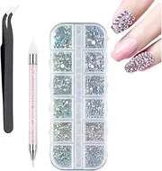 Crystal AB Nail Art Rhinestones Brush Set, Clear Nail diamond for Nail Decoration DIY Charms Accessories Supplies with Pick Up Tweezer and Rhinestone Picker Dotting Pen