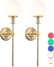 Modern Style Battery Operated Wall sconces Set of 2,Gold Wall Lights Fixture with Remote Control,Dimmable Wall Light Decor 6 RGB Colors with Globe Glass Shade