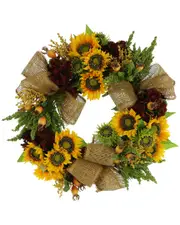 Creative Displays 26in Sunflower, Hydrangea And Berry Fall Wreath With Burlap Bows
