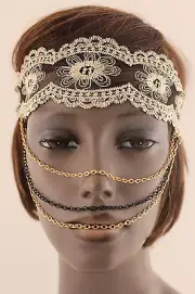 New Women Lace Elastic Head Band Fashion Mask Gold Black Multi Chains Jewelry