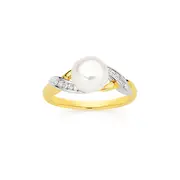 9ct Gold 2-tone Cultured Freshwater Pearl & Diamond Ring in White