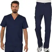 [Cherokee] WW140 Men's Premium Scrub Set Modern Fit V-Neck with Button Closure at Tapered Leg and Inner Drawstring Pant