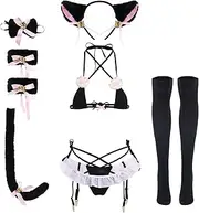 [ABAFIP] Women's Cute Anime Kawaii Cat Kitten Cosplay Strappy Lingerie Halter Micro Bra Panty Headband Garter Stockings Set