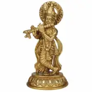 Brass Lord Krishna Idol in Flute Playing Posture on Beautiful Pedestal