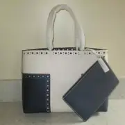 NEW Tory Burch Block-T Brogue Blue White Tote Bag with Removable Pouch $475+TAX