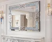 [Artloge] Crushed Diamond Wall Mirror: 36 x 24 inch Rectangular Glass Silver Vanity with Decorative Glam Bling Crystal Frame Edge, Funcky Home Art Decor for Livingroom Dining Room Bathroom