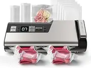 [Mesliese] Vacuum Sealer Machine, 95kPa 140W One Hand Operation Food Sealer, Double Seal Strip with Build-in Cutter & Countdown Display, 2 Bag Rolls, 5PCS Pre-cut Bags, PULSE & Marinate Enabled