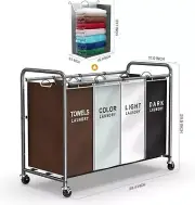 4 Bag Laundry Basket Clothes Storage with Wheels Sorter Organizer Cart Rolling