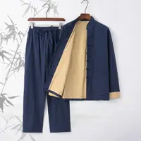 在飛比找momo購物網優惠-【巴黎精品】唐裝漢服套裝兩件套(復古短袖棉麻長褲男套裝5色a