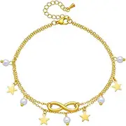 [Kokoma] Infinity Dangle Star Pearl Drop Anklet for Women Endless Love Double Layered Chains Link Ankle Vintage Stacking Bracelet Valentines Day Wedding Jewelry, Adjustable, Titanium Steel, no gemstone
