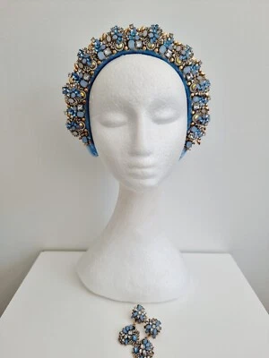 Miss Dakoda .Womens headband w metal rhinestone detail in Light Blue w earings