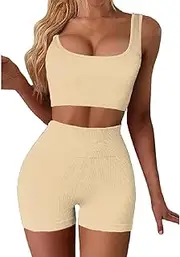 [Cilipuloy] Workout Top Sets for Women 2 Piece High Waist Seamless Ribbed Crop Tank Shorts Yoga Outfits for Running
