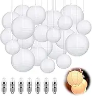 Idota Pack of 30 Paper Lanterns, White with LED Lights, Hanging Paper Lanterns with 30 Warm White Mini LED Balloons Lights, Round Paper Lampshade for Decoration, Wedding, Garden Party (Diameter 15