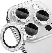 CloudValley for iPhone 16 Pro/iPhone 16 Pro Max Camera Lens Protector Bling, [Glitter Decoration] Ultra-HD Tempered Glass Cover, Metal Lens Screen Protective Ring Accessories,White Titanium