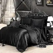 3/4-Piece Bed Sheets Set - Silk Duvet Cover Sets Glossy Bedding Comforter Cover Silky Quilt Cover with Flat Sheet & Pillow Cover for Home Bedroom (Queen, Black)