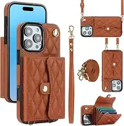 Crossbody Leather Flip Wallet Case for iPhone 16 Pro Max with 4 Card Solts,RFID Blocking Case,Magnetic Buckle Kickstand Phone Case, Wrist Strap Shockproof Case for Women(Brown)