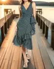 TORY BURCH RUFFLE WRAP DRESS BLACK BATIK MEDALLION DOUBLE-T LOGO SZ US 6 NWT