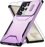 Asuwish Phone Case for Samsung Galaxy S24 Ultra 5G with Tempered Glass Screen Protector and Slide Camera Cover Slim Rugged Hybrid Shockproof Protective Cell S24Ultra 24S S 24 24Ultra Women Men Purple