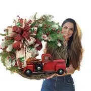 Charming 1pc Christmas Artificial Wreath Red Truck Decoration - Large Door Front Wreath