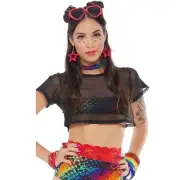 Mesh Crop Top Rainbow Print Panel Sheer Short Sleeves Multicolor 338535 M/L