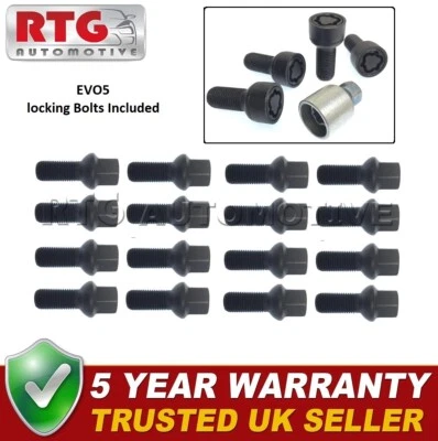 16x Bolts Black + 4x EVO5 Locking Bolts For Audi A3 1995-2002 (Steel Wheels)