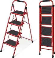 [KINGRACK] Folding Step Ladder 4 Steps Stool,Heavy-Duty Sturdy Safety Steel Tall Step Stool Ladders with Handrails & Wide Pedals for Adults Home Kitchen Office,Red