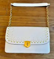 NWT Cole Haan Marli white Leather Gold Studded Chain handle Clutch Rt @320.00