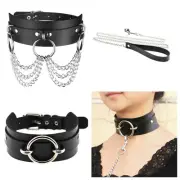Mistress Studded 3 Ring Leather Bondage Collar Leash Submissive Slave Sex Play