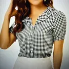 Allegra L Womens M Blouse Black Plaid Puff Sleeve Ruffle Peter Pan Collar Shirt